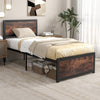 Twin size metal bed frame with high headboard, industrial design, and mute bars for noise reduction, ideal for bedroom.