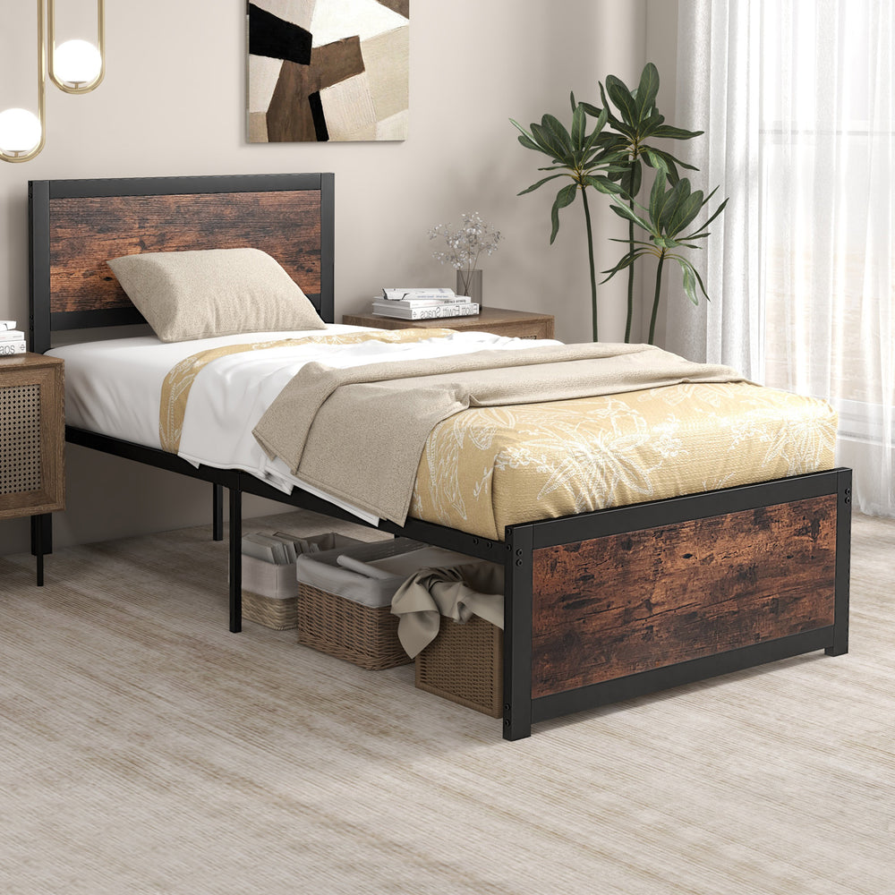 Twin size metal bed frame with high headboard, industrial design, and mute bars for noise reduction, ideal for bedroom.