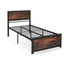 Twin size metal bed frame with high headboard, industrial boards, and mute bars for noise reduction and easy setup.