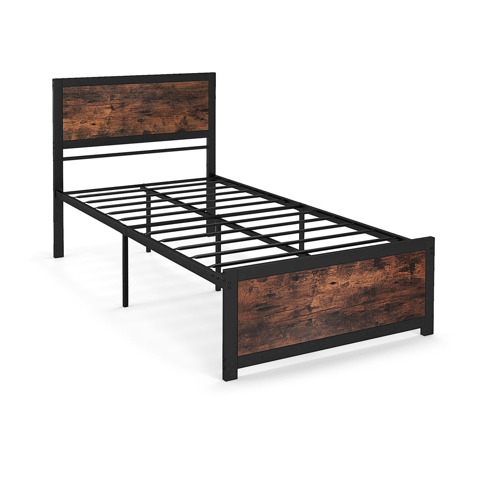 Twin size metal bed frame with high headboard, industrial boards, and mute bars for noise reduction and easy setup.