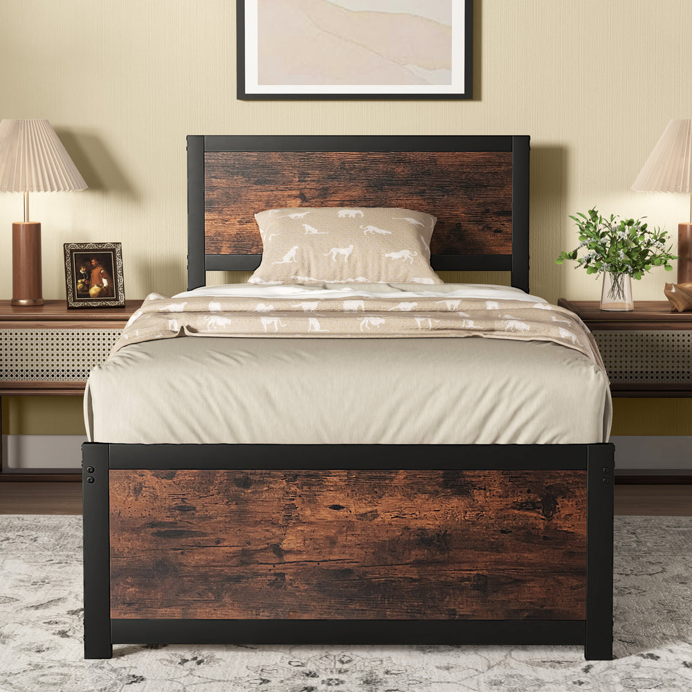 Twin size metal bed frame with high headboard and industrial boards, designed for comfort and easy setup in bedrooms.