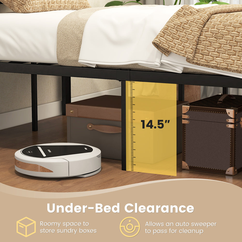 Twin size metal bed frame with high headboard and 14.5" under-bed clearance for auto sweeper access and easy cleanup.