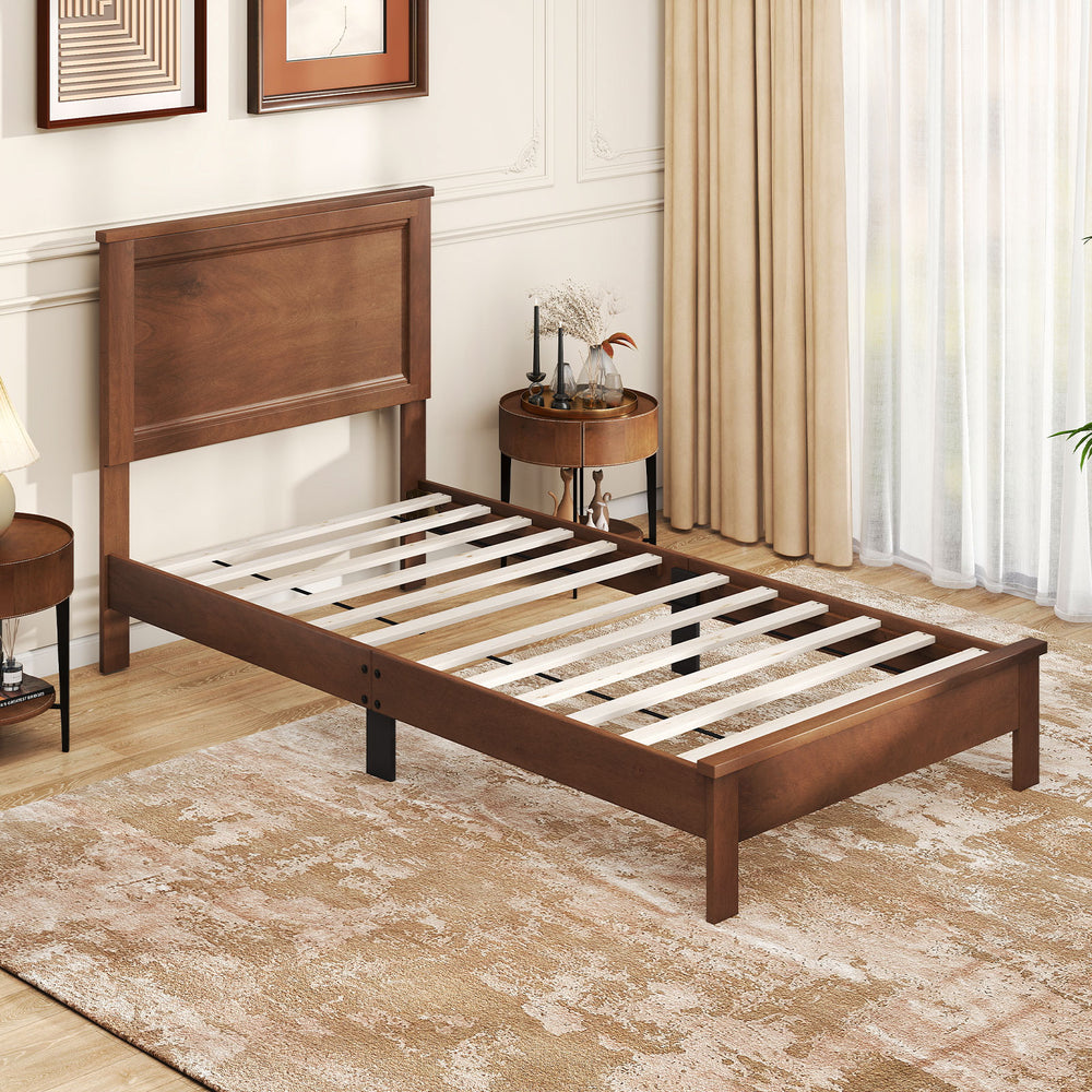 Twin Size Wooden Bed Frame with Headboard and Slat Support-Walnut - Gallery View 1 of 10