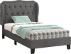 Twin size bed frame with gray button tufted wingback headboard and under-bed storage, perfect for cozy bedrooms.