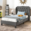 Twin size bed frame with button tufted wingback headboard in gray, featuring under-bed storage and sturdy rubber wood.
