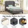 Twin size bed frame with button tufted wingback headboard in gray, featuring sturdy rubber wood legs and under-bed.