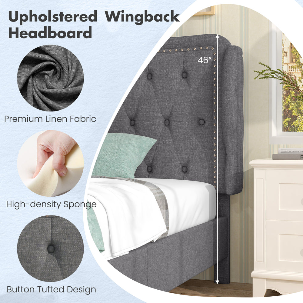 Twin size bed frame with gray button tufted wingback headboard, featuring premium linen fabric and under-bed storage.