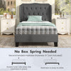 Twin size bed frame with button tufted wingback headboard in gray, featuring under-bed storage and no box spring needed.