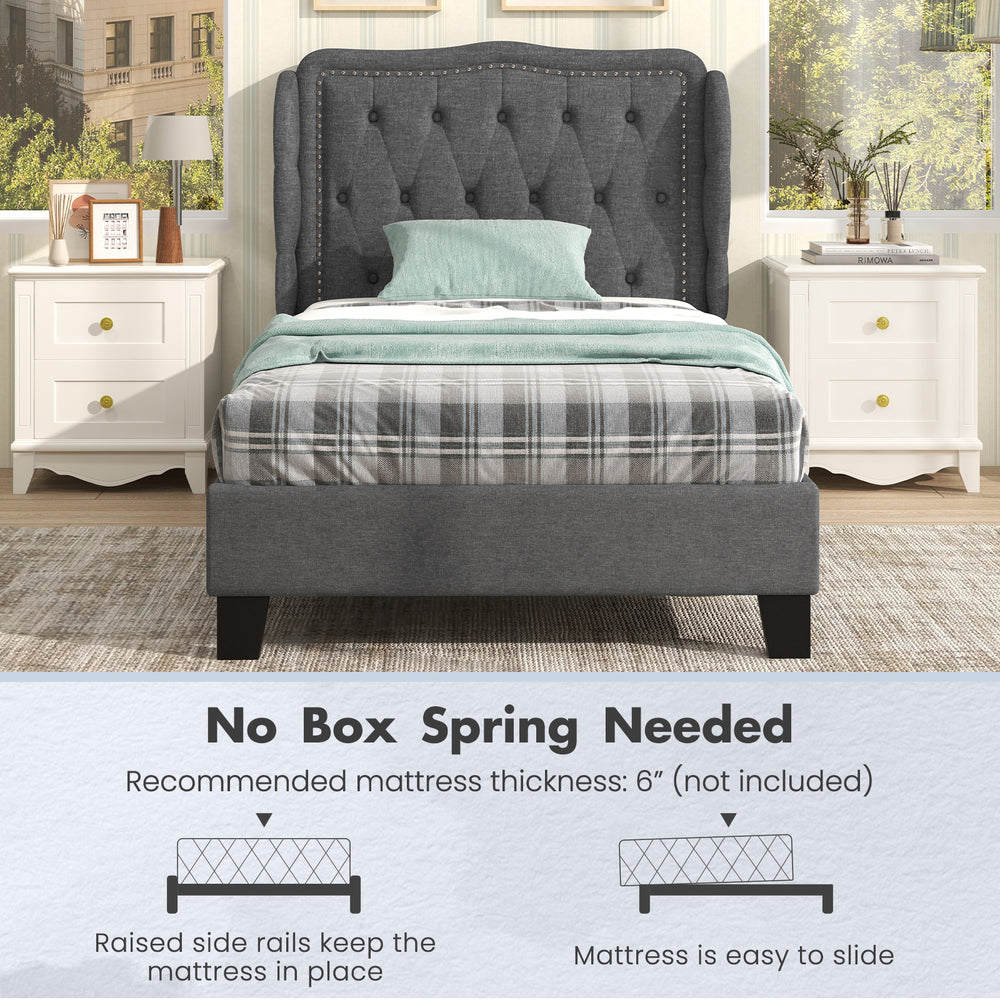 Twin size bed frame with button tufted wingback headboard in gray, featuring under-bed storage and no box spring needed.