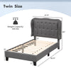 Twin size bed frame with button tufted wingback headboard in gray, featuring under-bed storage and sturdy plywood slats.