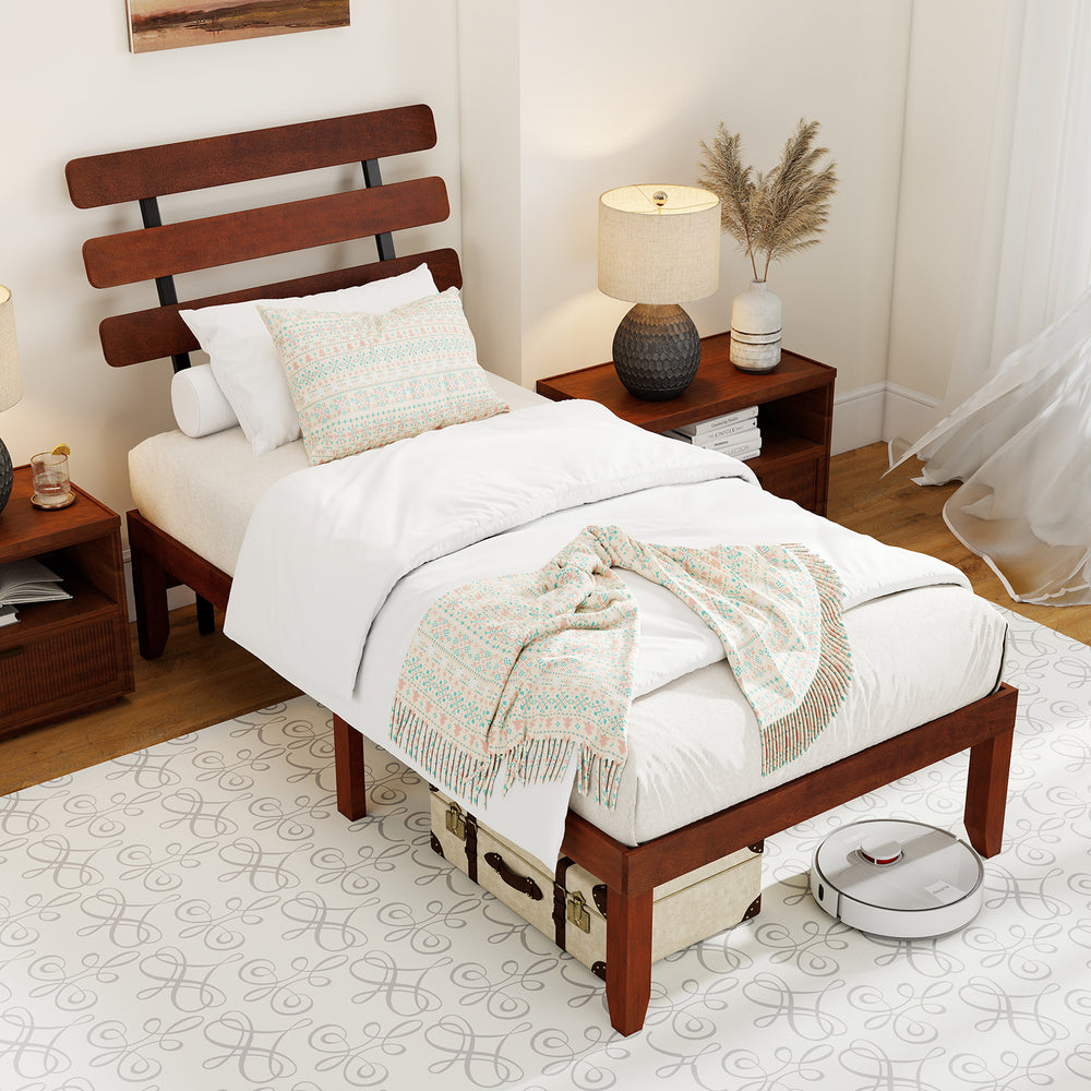 Twin Size Bed Frame 15.5 Inch Solid Wood Platform Bed with Retro Headboard - Gallery View 1 of 12