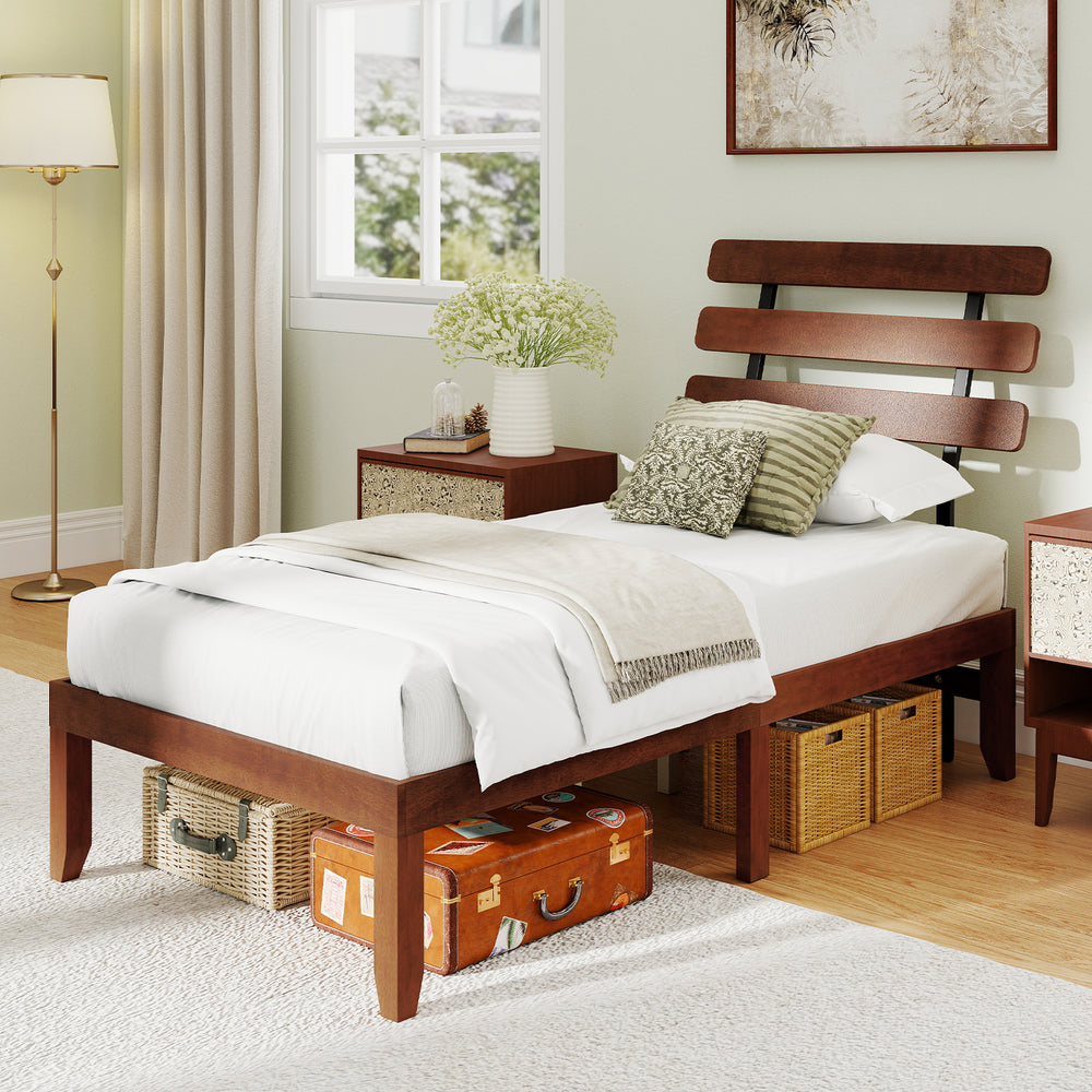Twin size solid wood platform bed frame with retro headboard, featuring rustic wood grain and ample under-bed storage.
