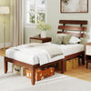 Twin size solid wood platform bed frame with retro headboard, featuring rustic wood grain and ample under-bed storage.