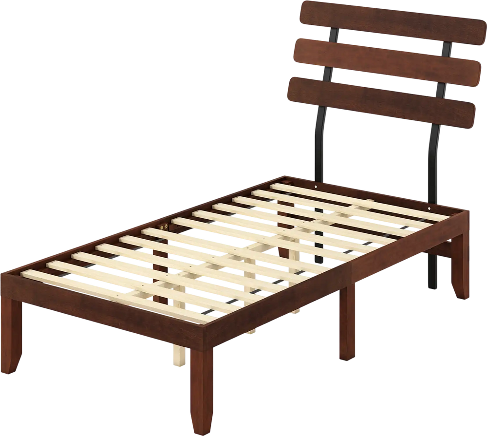 Twin size bed frame with solid wood platform, featuring a retro headboard and sturdy plywood slats for mattress support.
