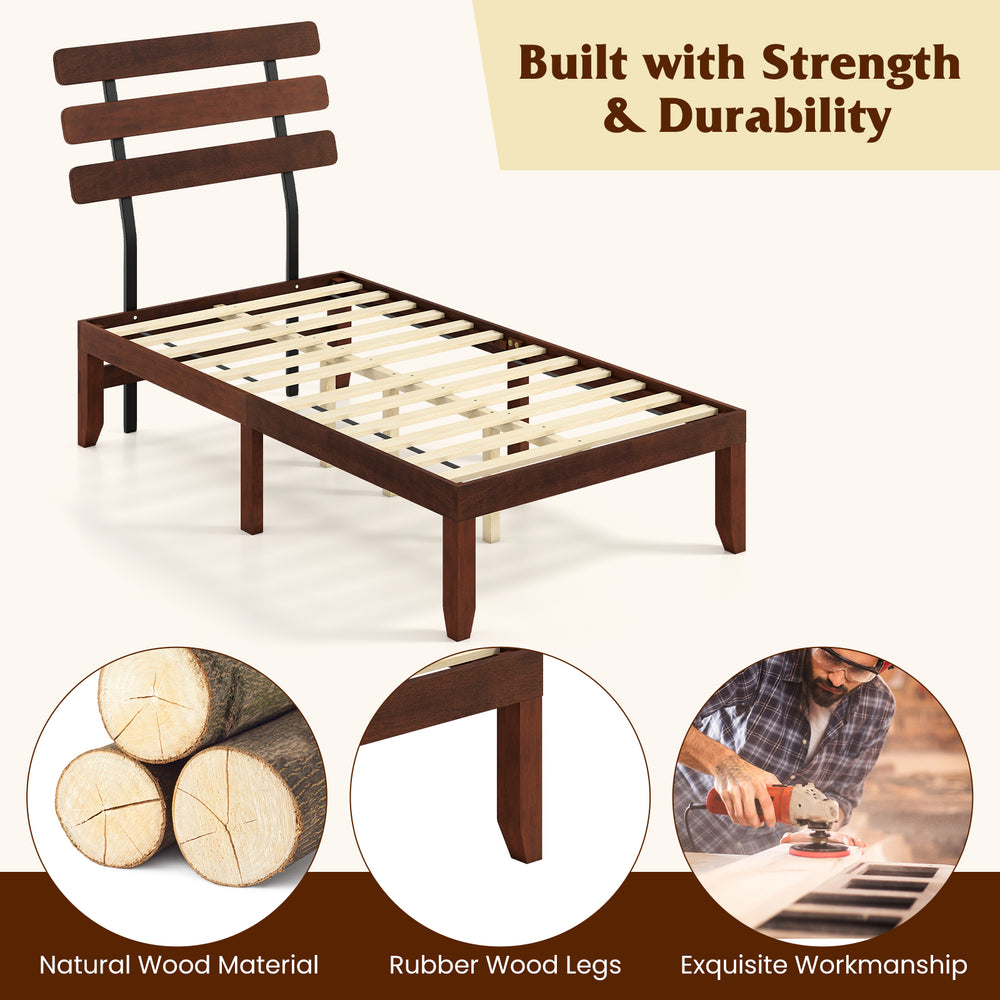Twin size bed frame with retro headboard, natural wood material, and rubber wood legs for strength and durability.