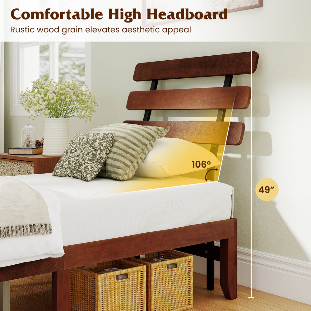 Twin size bed frame with a rustic wood grain headboard, featuring a comfortable high design and ample under-bed storage.