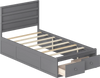 Twin size bed frame in gray with storage drawers and headboard, featuring sturdy wood construction and plywood slats.