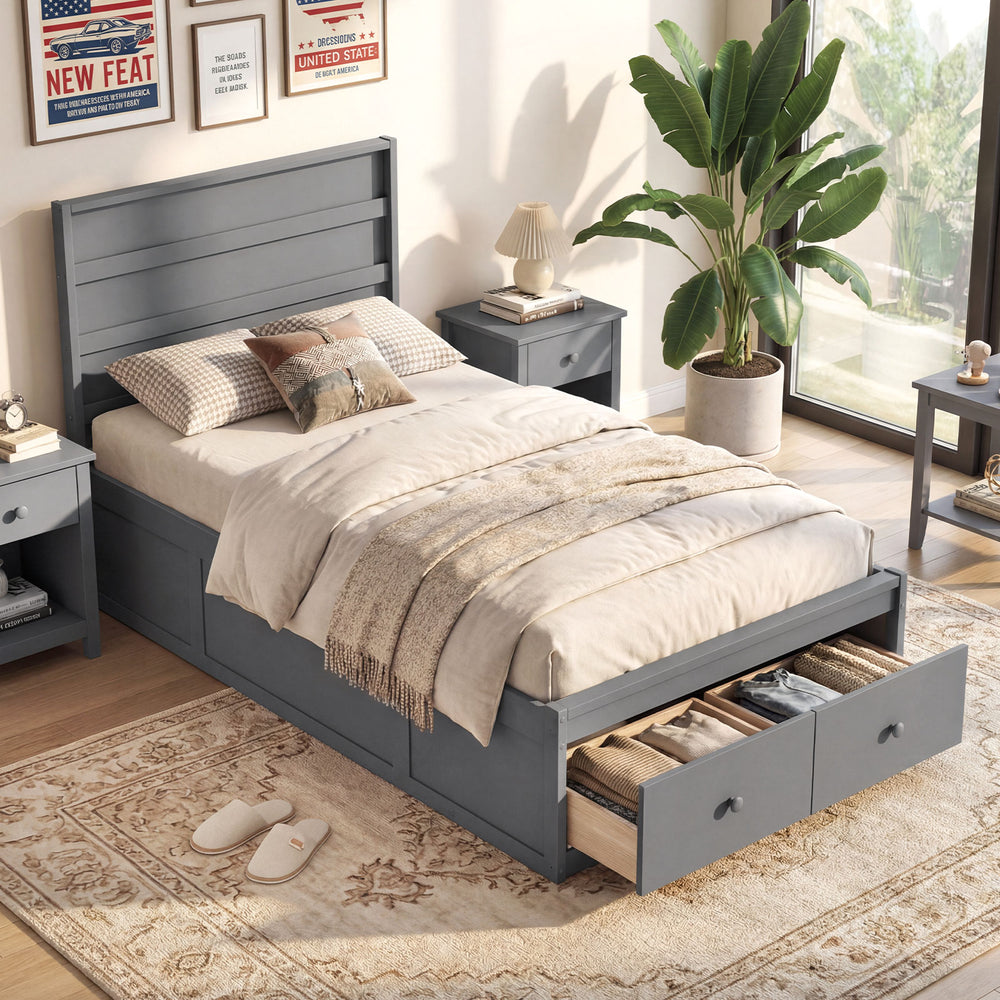 Twin size gray bed frame with headboard and storage drawers, featuring solid wood construction and modern design for.