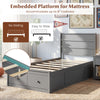 Twin size gray bed frame with headboard and storage drawers, featuring an embedded platform for mattress stability.