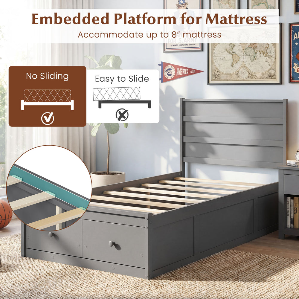 Twin size gray bed frame with headboard and storage drawers, featuring an embedded platform for mattress stability.