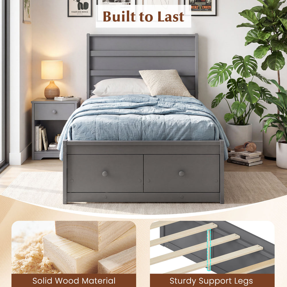 Twin size gray bed frame with headboard and storage drawers, featuring solid wood material and sturdy support legs.