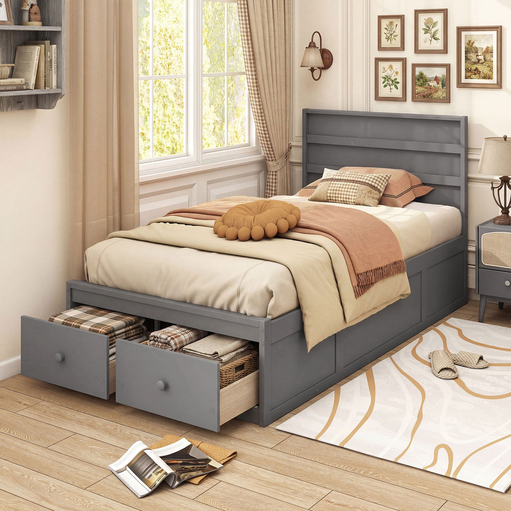 Twin size bed frame in gray with headboard and two storage drawers, perfect for organizing clothes and bedding.