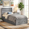Twin size gray bed frame with storage drawers and headboard, featuring solid wood construction and modern design.
