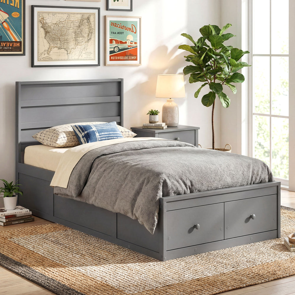 Twin size gray bed frame with storage drawers and headboard, featuring solid wood construction and modern design.