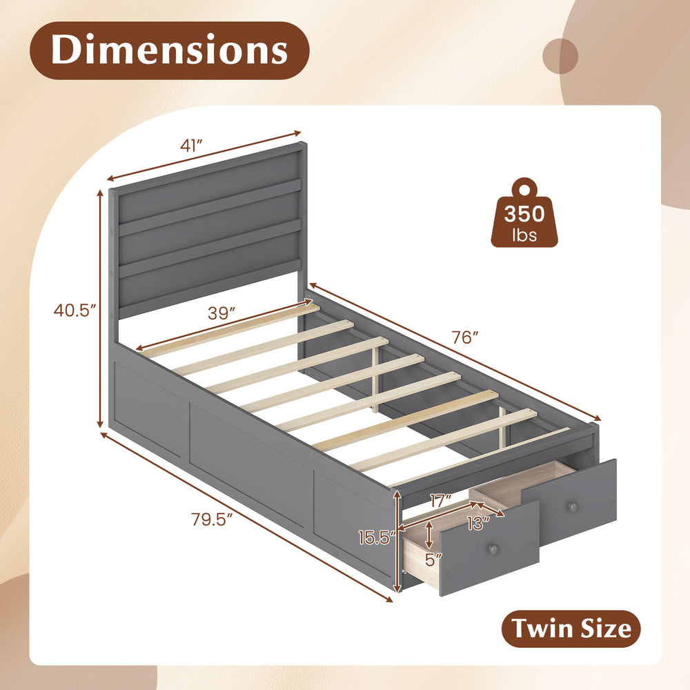 Twin size bed frame in gray with storage drawers, headboard, and robust plywood slats for reliable support.