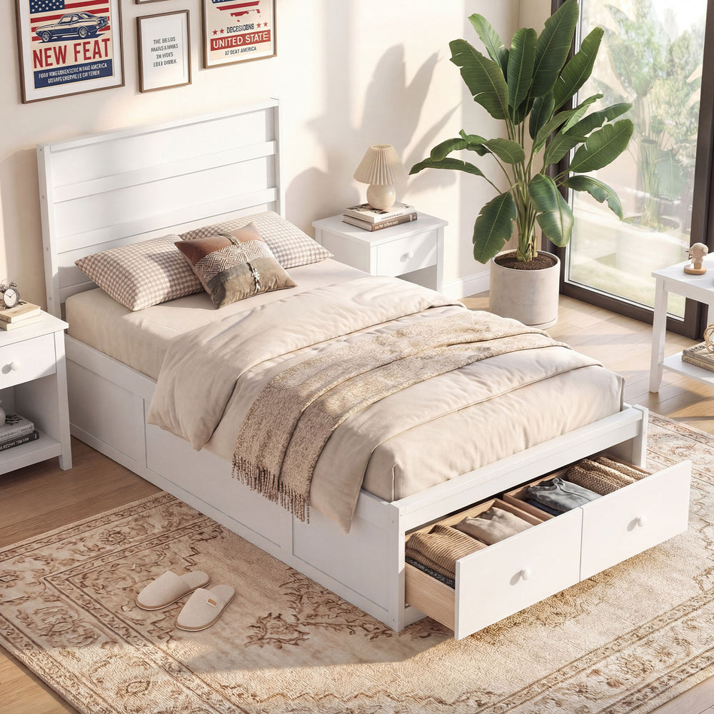 Twin Size Bed Frame with Storage Drawers and Headboard-White - Gallery View 1 of 9