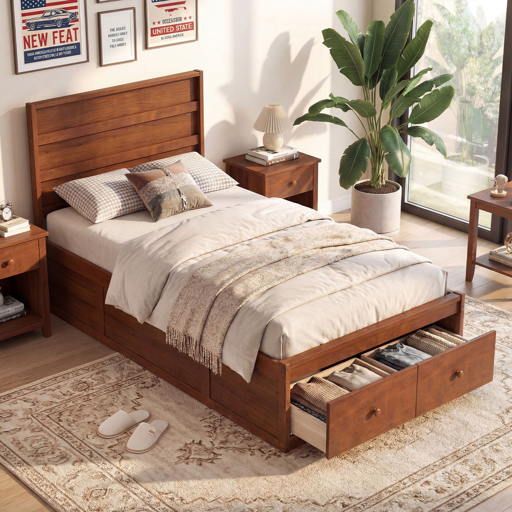 Twin Size Bed Frame with Storage Drawers and Headboard-Walnut - Gallery View 1 of 9