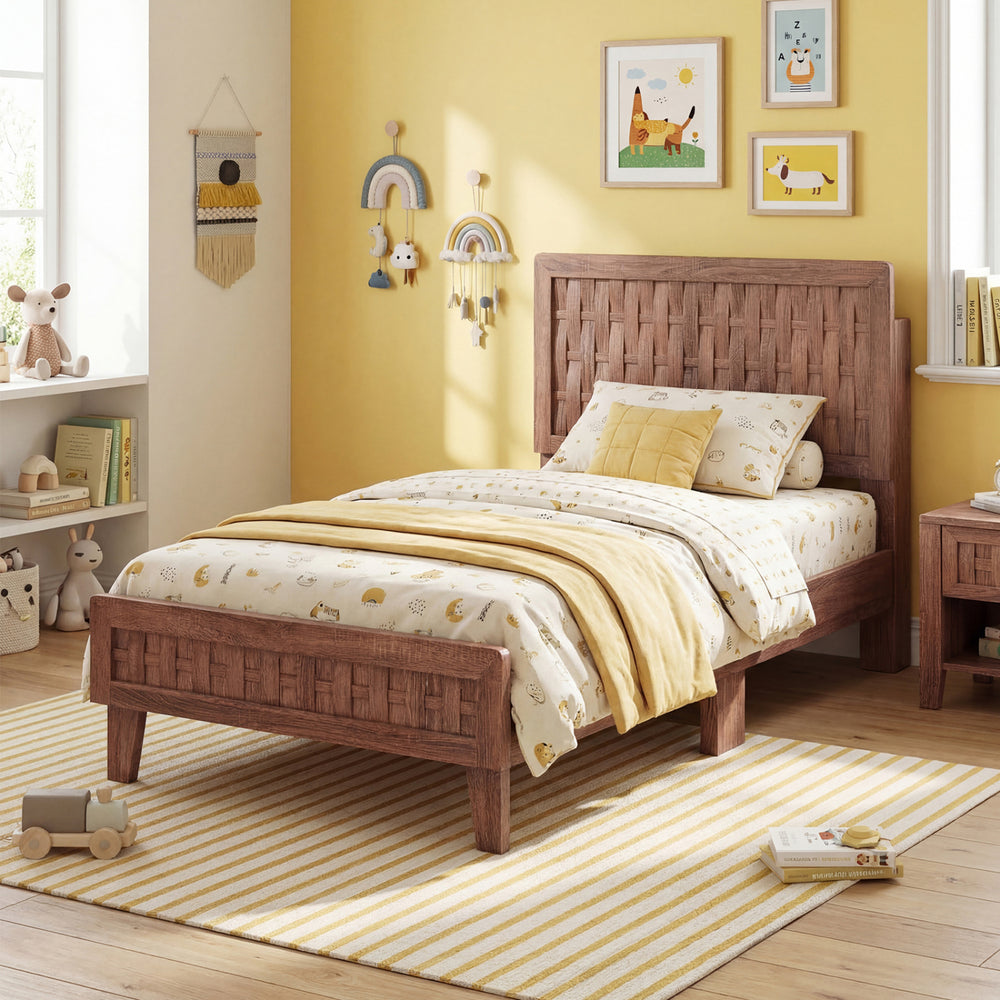 Twin size bed frame with woven accent headboard, robust wooden construction, perfect for a stylish children's room.