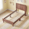 Twin size bed frame with woven accent headboard, robust wooden construction, and 12 plywood slats for support.