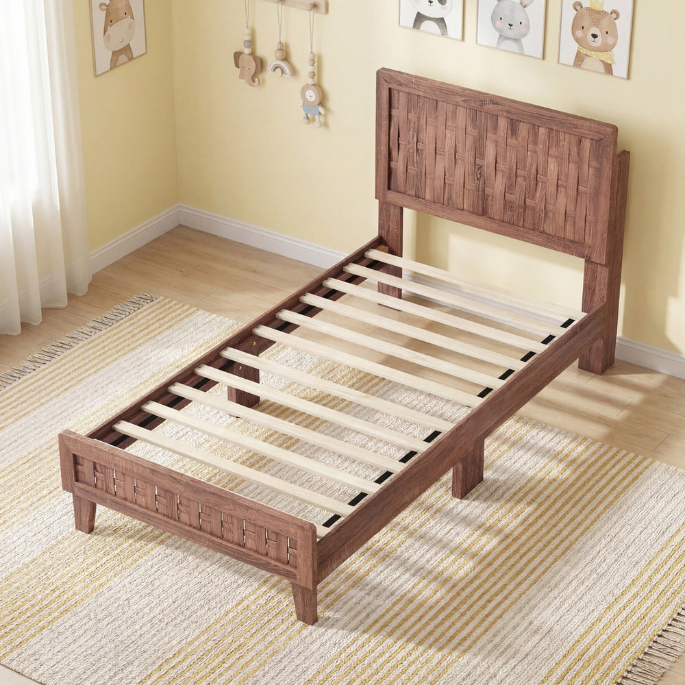 Twin size bed frame with woven accent headboard, robust wooden construction, and 12 plywood slats for support.