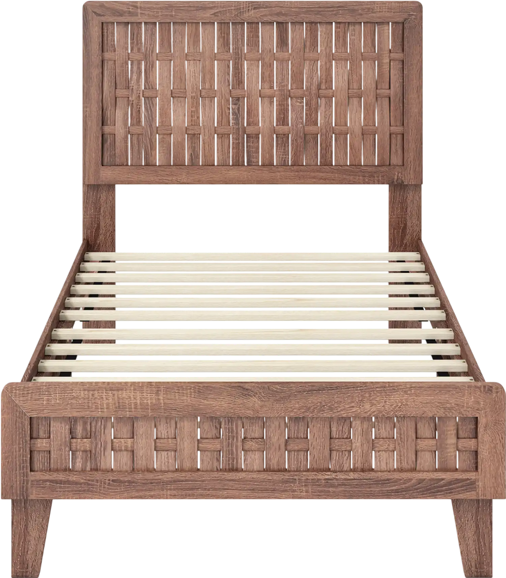 Twin size bed frame with woven accent headboard, robust wooden construction, and 12 sturdy plywood slats for support.