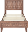 Twin size bed frame with woven accent headboard, robust wooden construction, and 12 sturdy plywood slats for support.