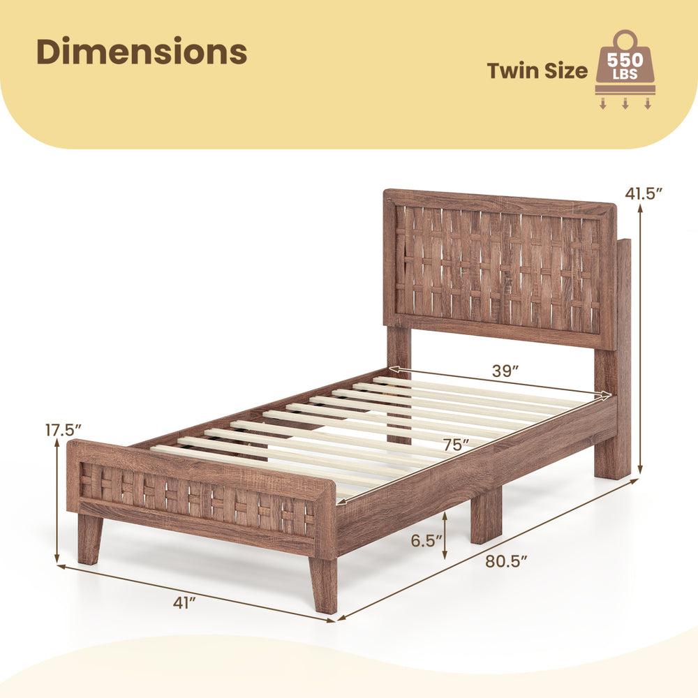 Dimensions of twin size bed frame with woven accent headboard, featuring 12 sturdy plywood slats and robust wooden.