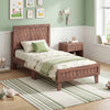 Twin size bed frame with woven accent headboard in a rustic design, featuring sturdy wooden construction for lasting.