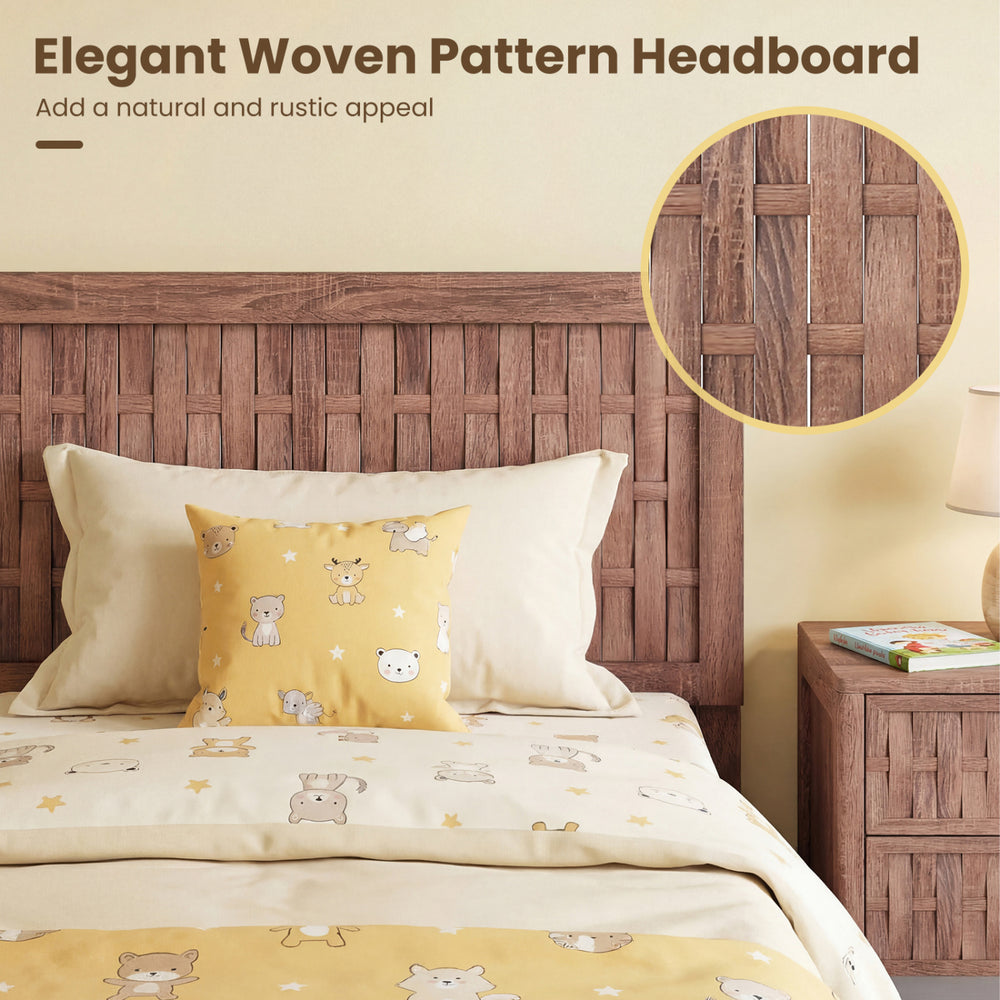 Twin size bed frame with elegant woven pattern headboard, showcasing rustic appeal and sturdy wooden construction.