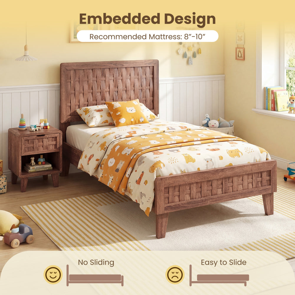 Twin size bed frame with woven accent headboard, robust wooden construction, and embedded design for no-sliding.