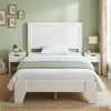 Twin size bed frame with a white headboard, featuring wooden slats and under-bed storage for small rooms.