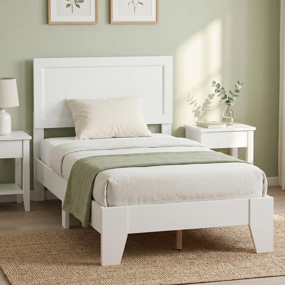 Twin size bed frame in white with a mid-century modern headboard, perfect for small rooms and no box spring needed.