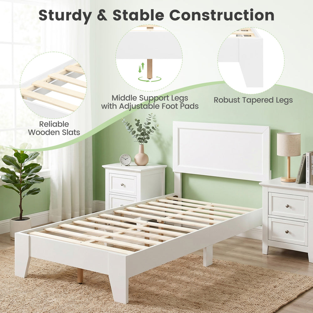 Twin size bed frame in white with a mid-century modern headboard, featuring sturdy wooden slats and adjustable support legs.