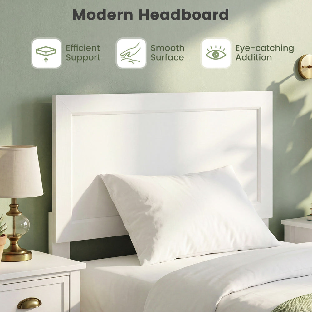Twin size bed frame with modern headboard in white, featuring efficient support and smooth surface for small rooms.