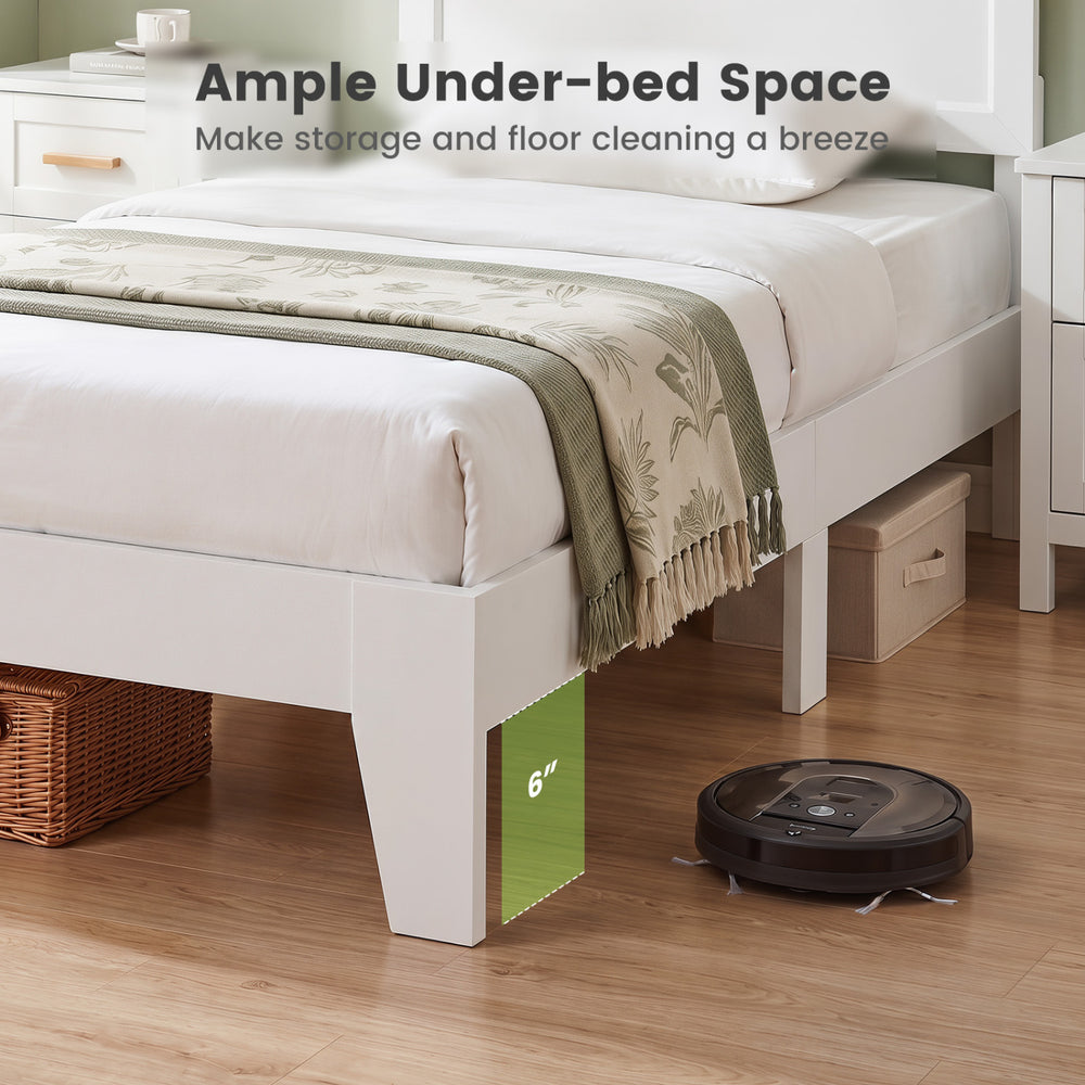 Twin size bed frame with a mid-century modern headboard and 6" under-bed space for easy storage and cleaning.