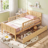 Twin size bed frame with natural wood finish, featuring detachable guardrails and two large storage drawers for kids' items.