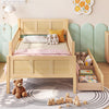 Twin size bed frame with natural wood finish, featuring detachable guardrails and two large storage drawers for toys.