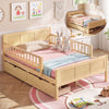 Twin size bed frame with storage drawers in natural wood, featuring detachable guardrails and ample under-bed space.