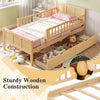 Twin size bed frame with natural wood finish, featuring detachable guardrails and two large storage drawers for organization.