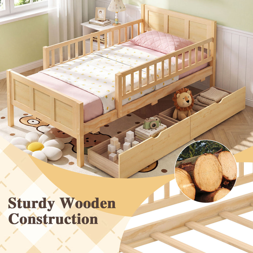 Twin size bed frame with natural wood finish, featuring detachable guardrails and two large storage drawers for organization.